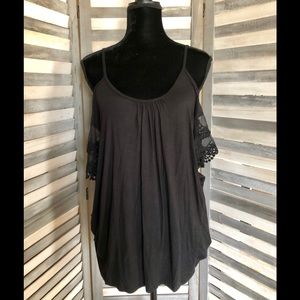 Black Lace Sleeve Cold Shoulder Top